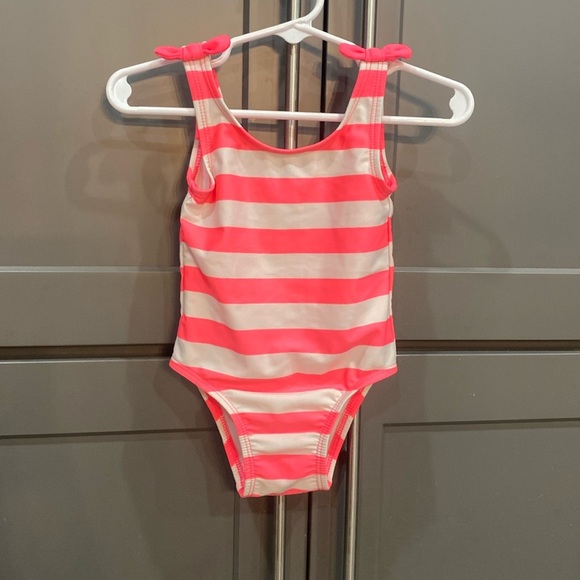 Neon Pink and White Striped One-Piece Swimsuit - Picture 1 of 2